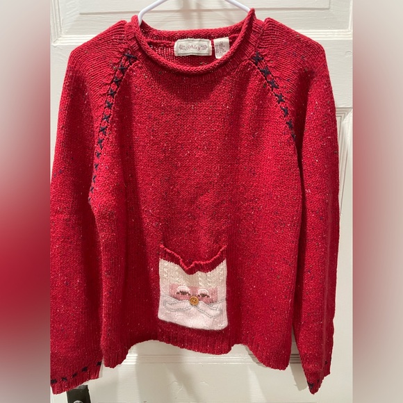 Ashley By 26 International Sweaters - Vintage Christmas sweater by Ashley, Red Sweater with Santa Pocket, size Large